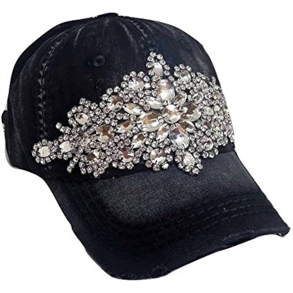 NEW OLIVE & PIQUE glitz distressed baseball cap with rhinestones in black